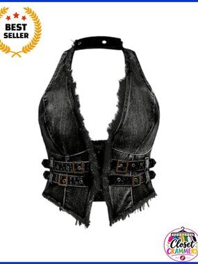 Plus Size Frayed Denim Halter Top Buckle Backless Punk Crop Top